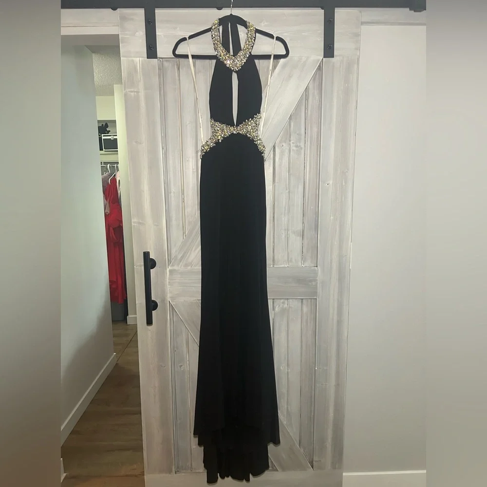 Tony Bowls Black Backless Gown with Waist Cape - Picture 2 of 5